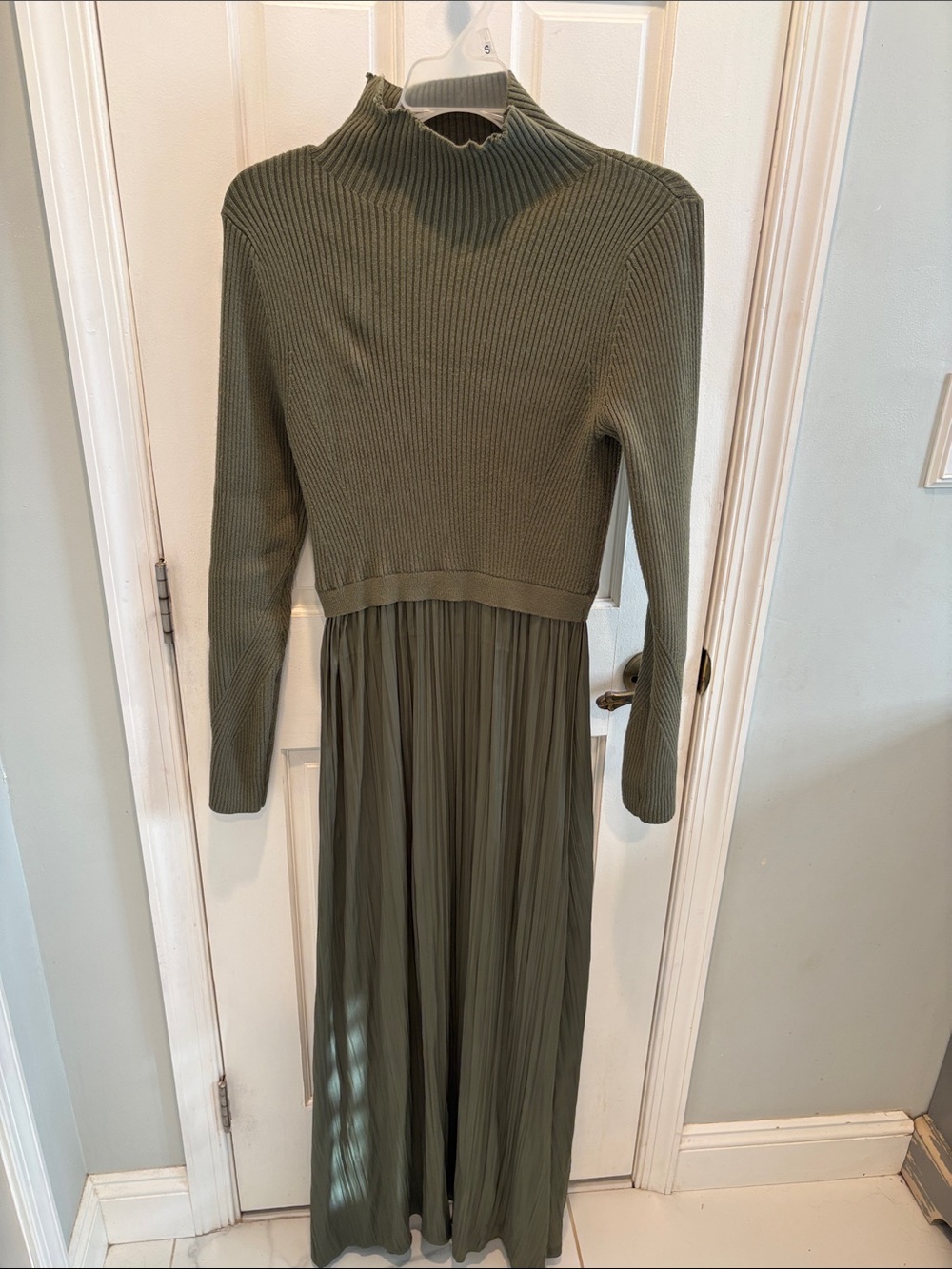 Anthropologie Olive Green Ribbed-Knit & Pleated Maxi Dress